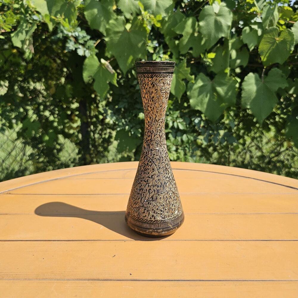 Vintage Etched Brass with Black Enamel Indian Bud Vase